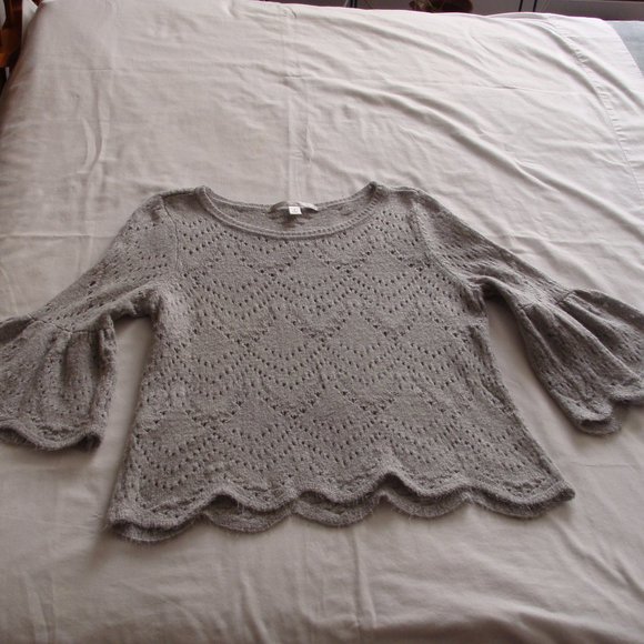 LC LAUREN CONRAD Silver BELL Sleeve POINTELLE Knit Sweater Sz SMALL - Picture 1 of 7